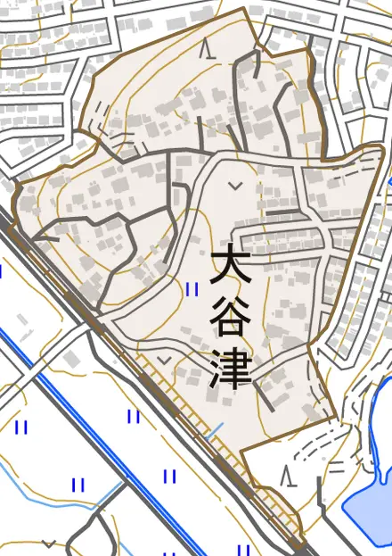 大谷津とその周辺の地図。町の範囲を重ねている