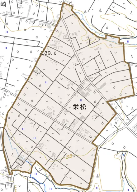 栄松とその周辺の地図。町の範囲を重ねている