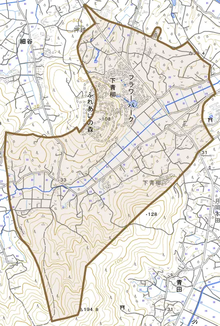 下青柳とその周辺の地図。町の範囲を重ねている