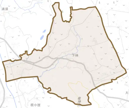下林とその周辺の地図。町の範囲を重ねている