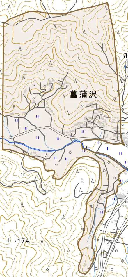 菖蒲沢とその周辺の地図。町の範囲を重ねている