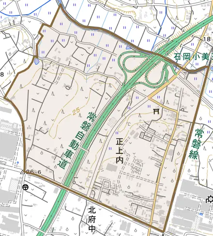 正上内とその周辺の地図。町の範囲を重ねている