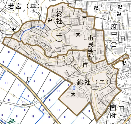総社とその周辺の地図。町の範囲を重ねている