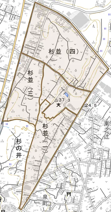 杉並とその周辺の地図。町の範囲を重ねている