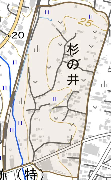 杉の井とその周辺の地図。町の範囲を重ねている