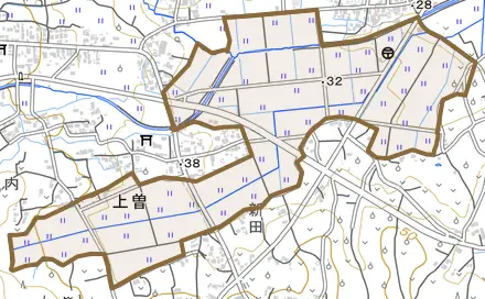 芦穂中部とその周辺の地図。町の範囲を重ねている