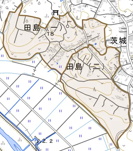田島とその周辺の地図。町の範囲を重ねている