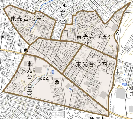 東光台とその周辺の地図。町の範囲を重ねている
