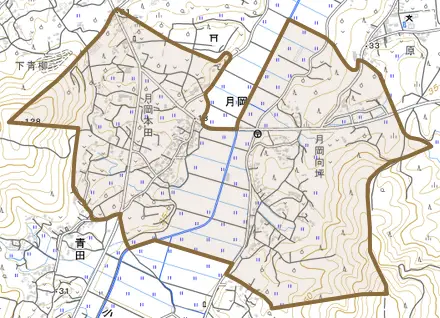 月岡とその周辺の地図。町の範囲を重ねている