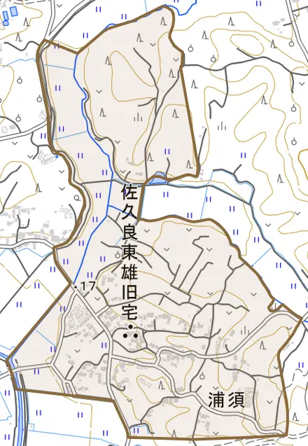 浦須とその周辺の地図。町の範囲を重ねている