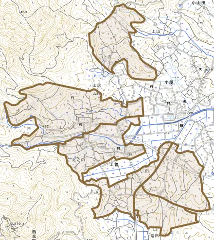 上曽とその周辺の地図。町の範囲を重ねている