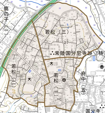若松とその周辺の地図。町の範囲を重ねている