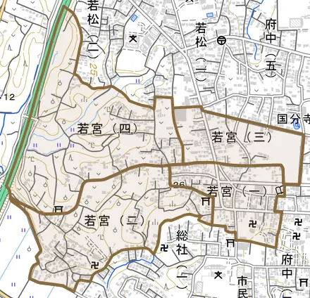 若宮とその周辺の地図。町の範囲を重ねている