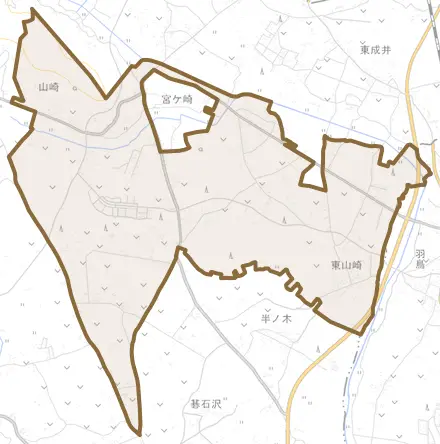 山崎とその周辺の地図。町の範囲を重ねている