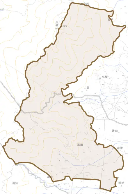 吉生とその周辺の地図。町の範囲を重ねている