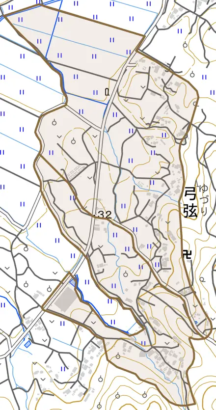 弓弦とその周辺の地図。町の範囲を重ねている