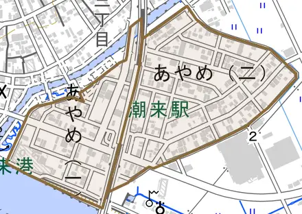 あやめとその周辺の地図。町の範囲を重ねている