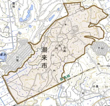 古高とその周辺の地図。町の範囲を重ねている