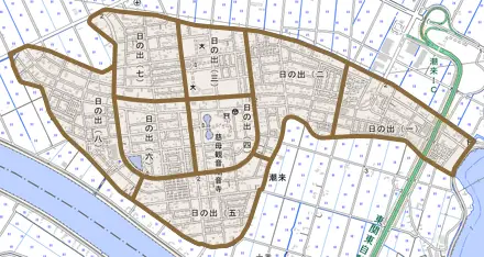 日の出とその周辺の地図。町の範囲を重ねている