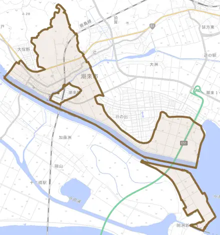 潮来とその周辺の地図。町の範囲を重ねている