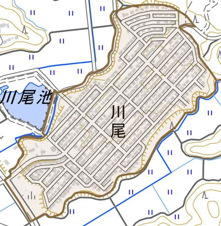川尾とその周辺の地図。町の範囲を重ねている