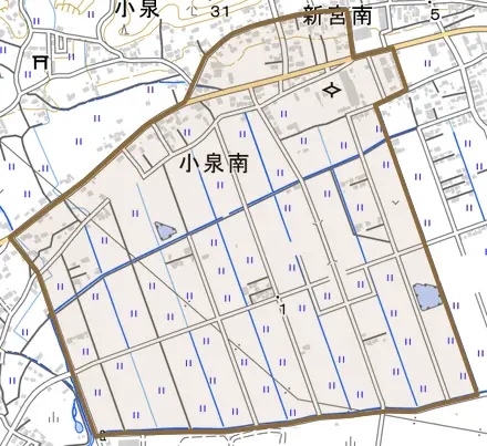 小泉南とその周辺の地図。町の範囲を重ねている