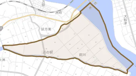 前川とその周辺の地図。町の範囲を重ねている