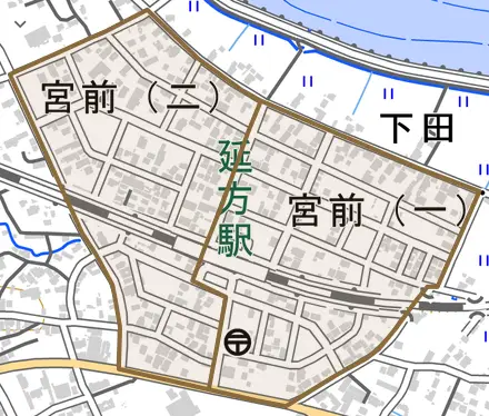 宮前とその周辺の地図。町の範囲を重ねている