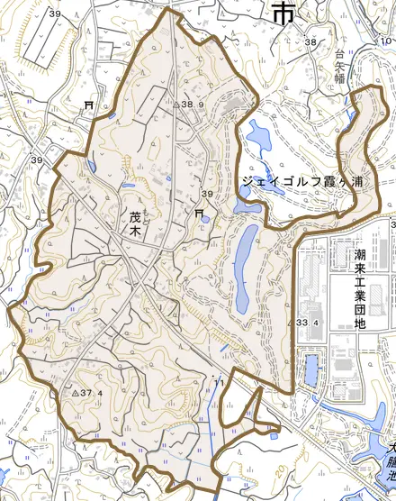 茂木とその周辺の地図。町の範囲を重ねている