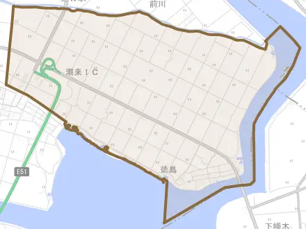 延方とその周辺の地図。町の範囲を重ねている