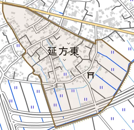 延方東とその周辺の地図。町の範囲を重ねている
