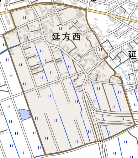 延方西とその周辺の地図。町の範囲を重ねている