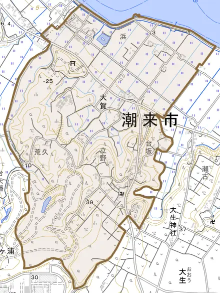 大賀とその周辺の地図。町の範囲を重ねている
