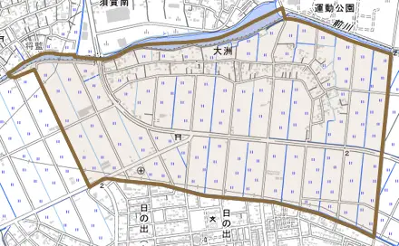 大洲とその周辺の地図。町の範囲を重ねている
