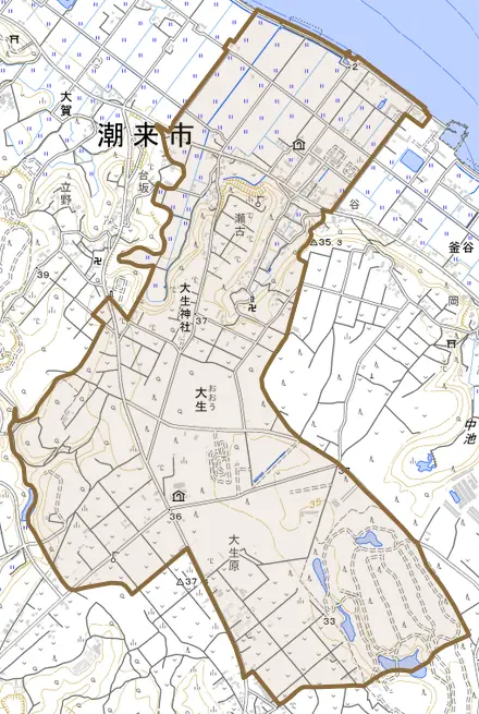 大生とその周辺の地図。町の範囲を重ねている