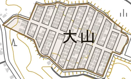 大山とその周辺の地図。町の範囲を重ねている