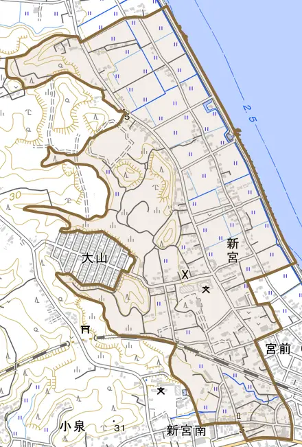 新宮とその周辺の地図。町の範囲を重ねている
