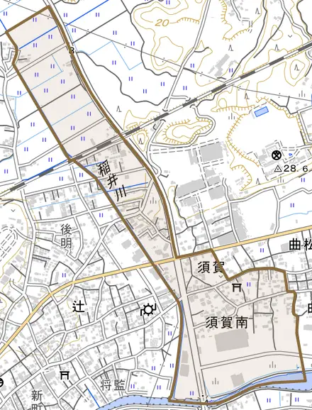 須賀南とその周辺の地図。町の範囲を重ねている