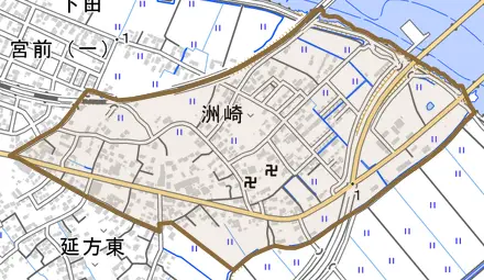 洲崎とその周辺の地図。町の範囲を重ねている