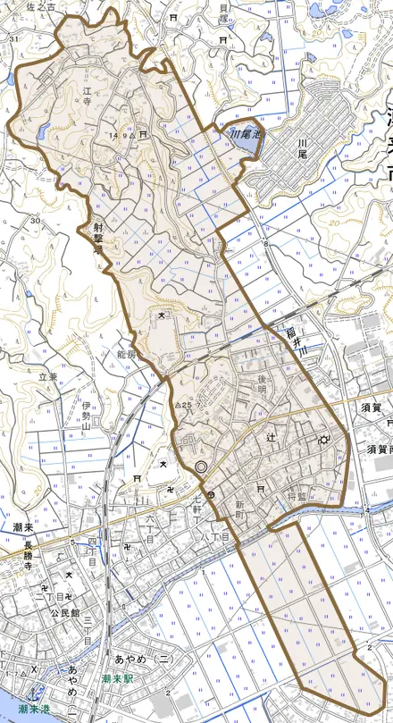 辻とその周辺の地図。町の範囲を重ねている