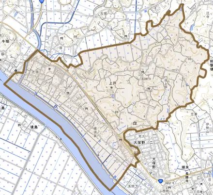 上戸とその周辺の地図。町の範囲を重ねている