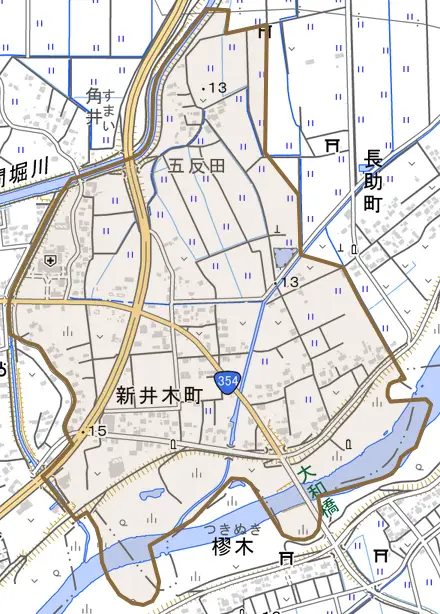 新井木町とその周辺の地図。町の範囲を重ねている