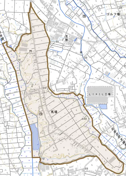 馬場とその周辺の地図。町の範囲を重ねている