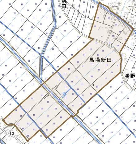 馬場新田とその周辺の地図。町の範囲を重ねている