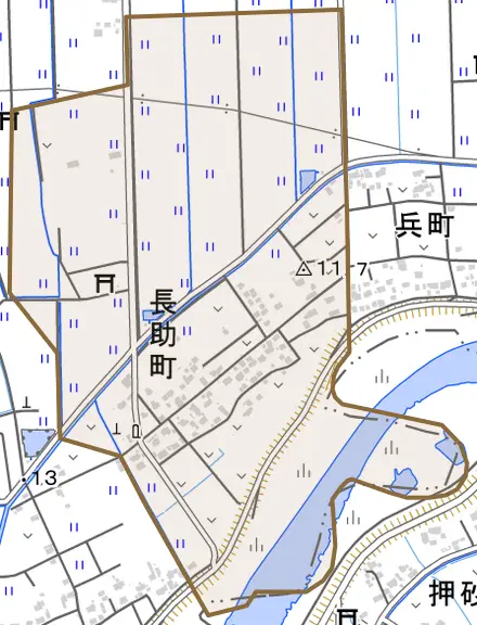 長助町とその周辺の地図。町の範囲を重ねている