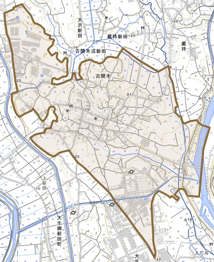 古間木とその周辺の地図。町の範囲を重ねている