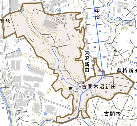 古間木沼新田とその周辺の地図。町の範囲を重ねている