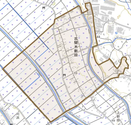 古間木新田とその周辺の地図。町の範囲を重ねている