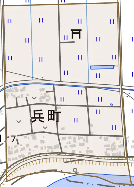 兵町とその周辺の地図。町の範囲を重ねている