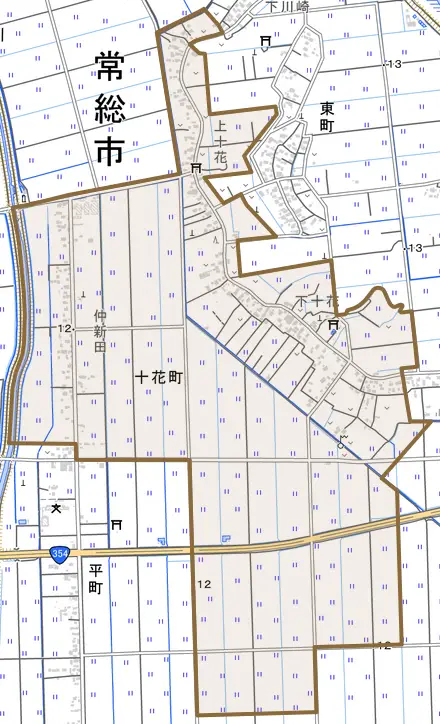 十花町とその周辺の地図。町の範囲を重ねている